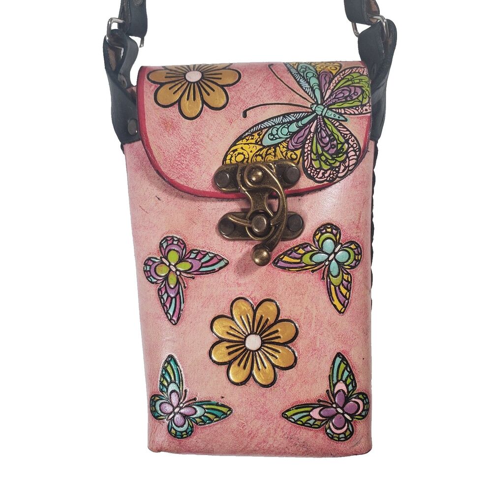 Mexican Handmade Leather Cell Phone Crossbody Bag Butterfly Floral Tooled Pink